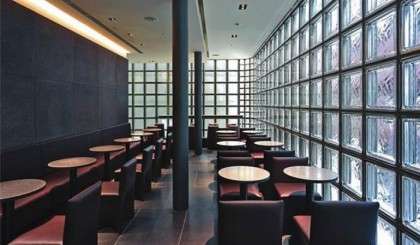 Large glass block wall in a contemporary commercial interior