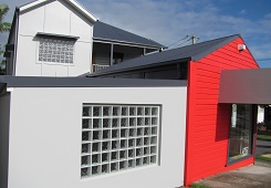 Exterior glass block window in a modern building